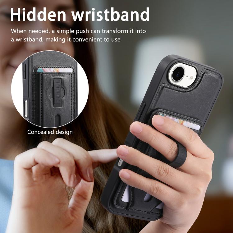 For iPhone 17e / 16e CaseNeo Retro Wristband Elastic Card Bag Magnetic Back Phone Case