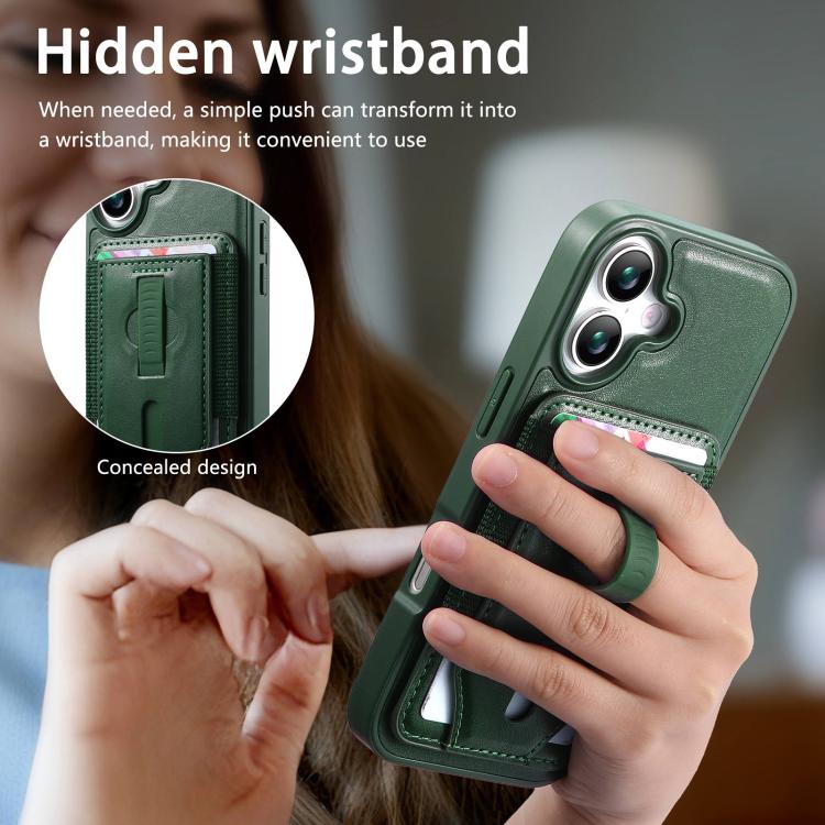 For iPhone 16 Plus CaseNeo Retro Wristband Elastic Card Bag Magnetic Back Phone Case