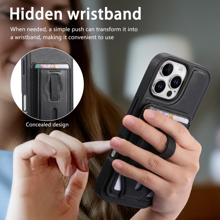 For iPhone 16 Pro Max CaseNeo Retro Wristband Elastic Card Bag Magnetic Back Phone Case