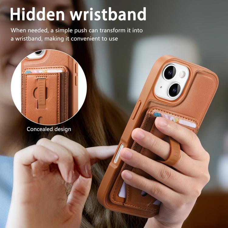 For iPhone 15 CaseNeo Retro Wristband Elastic Card Bag Magnetic Back Phone Case