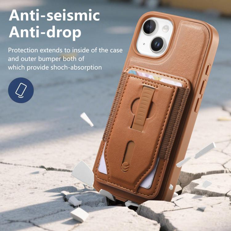 For iPhone 15 CaseNeo Retro Wristband Elastic Card Bag Magnetic Back Phone Case