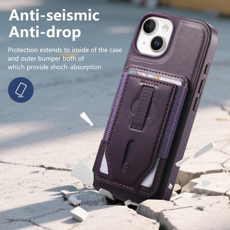 For iPhone 15 CaseNeo Retro Wristband Elastic Card Bag Magnetic Back Phone Case
