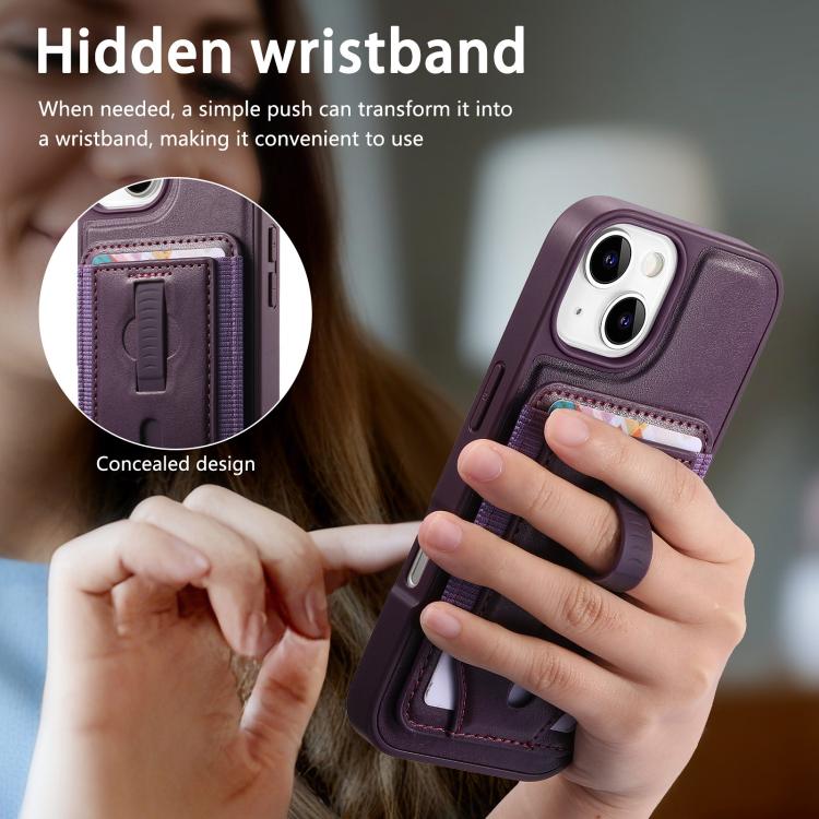 For iPhone 15 Plus CaseNeo Retro Wristband Elastic Card Bag Magnetic Back Phone Case