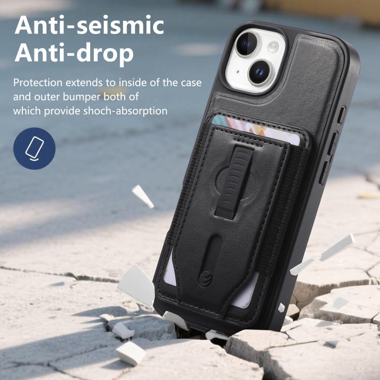 For iPhone 15 Plus CaseNeo Retro Wristband Elastic Card Bag Magnetic Back Phone Case