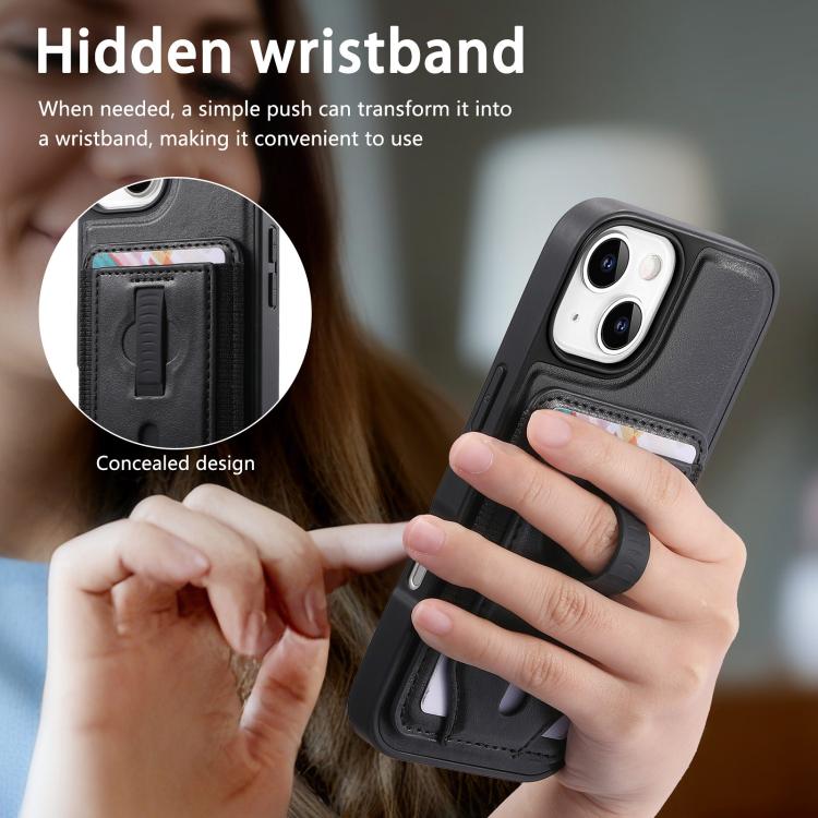 For iPhone 14 CaseNeo Retro Wristband Elastic Card Bag Magnetic Back Phone Case