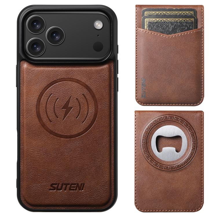 For iPhone 14 Plus Suteni G5S5 2-in-1 Magnetic Detachable Bottle Opener Card Bag Cow Leather Back Phone Case