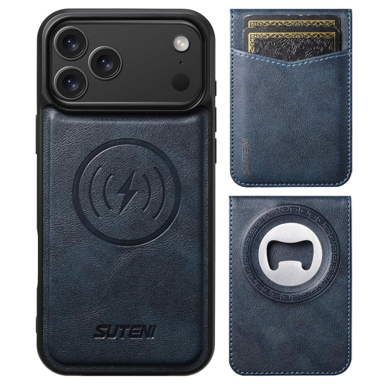 For iPhone 14 Suteni G5S5 2-in-1 Magnetic Detachable Bottle Opener Card Bag Cow Leather Back Phone Case