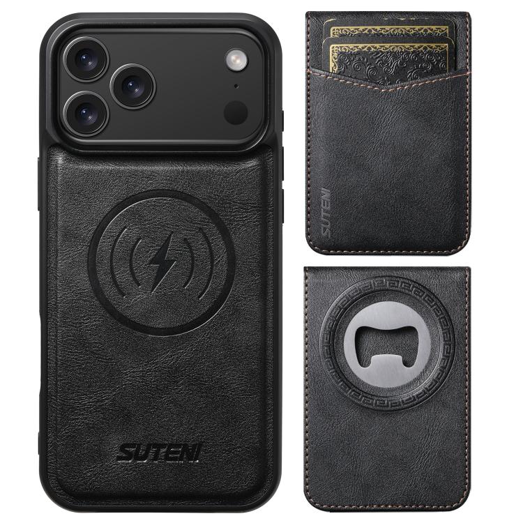 For iPhone 14 Pro Suteni G5S5 2-in-1 Magnetic Detachable Bottle Opener Card Bag Cow Leather Back Phone Case