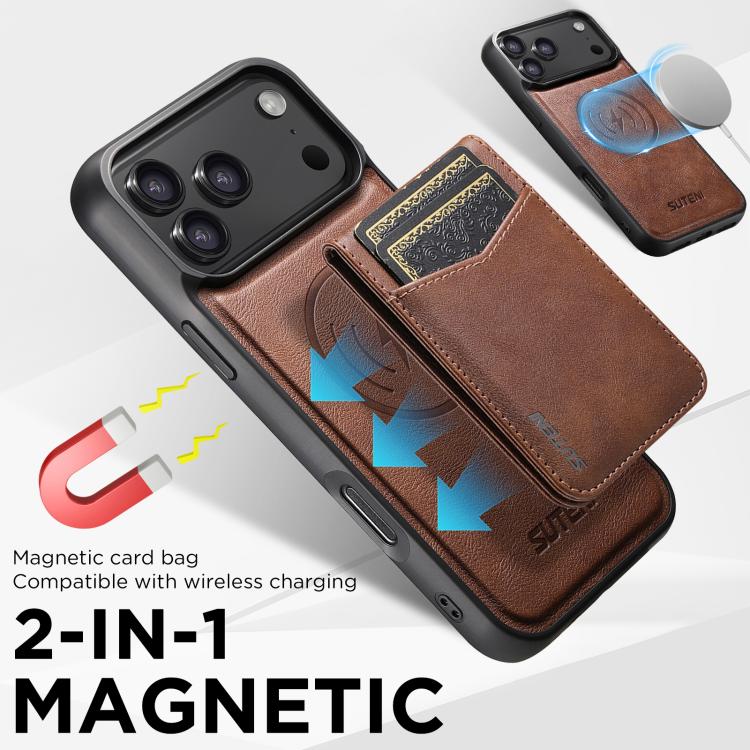 For iPhone 13 Pro Max Suteni G5S5 2-in-1 Magnetic Detachable Bottle Opener Card Bag Cow Leather Back Phone Case