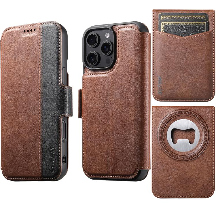 For iPhone 16 Pro Suteni Q07S5 3-in-1 Detachable Bottle Opener Card Bag Magnetic Left-Right Spliced Vegan Leather Phone Case