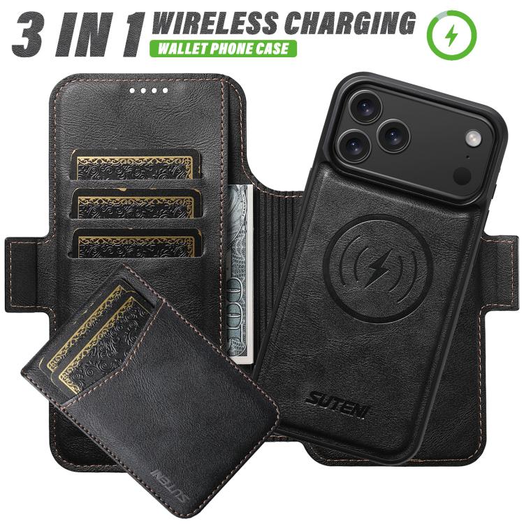 For iPhone 12 Pro Max Suteni Q07S5 3-in-1 Detachable Bottle Opener Card Bag Magnetic Left-Right Spliced Vegan Leather Phone Case
