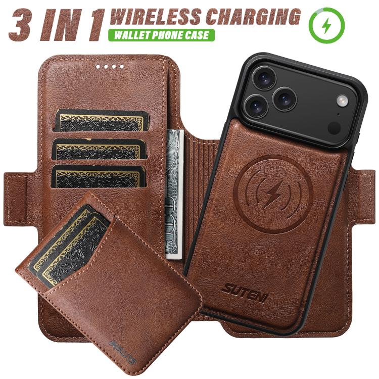 For iPhone 12 Pro Suteni Q07S5 3-in-1 Detachable Bottle Opener Card Bag Magnetic Left-Right Spliced Vegan Leather Phone Case