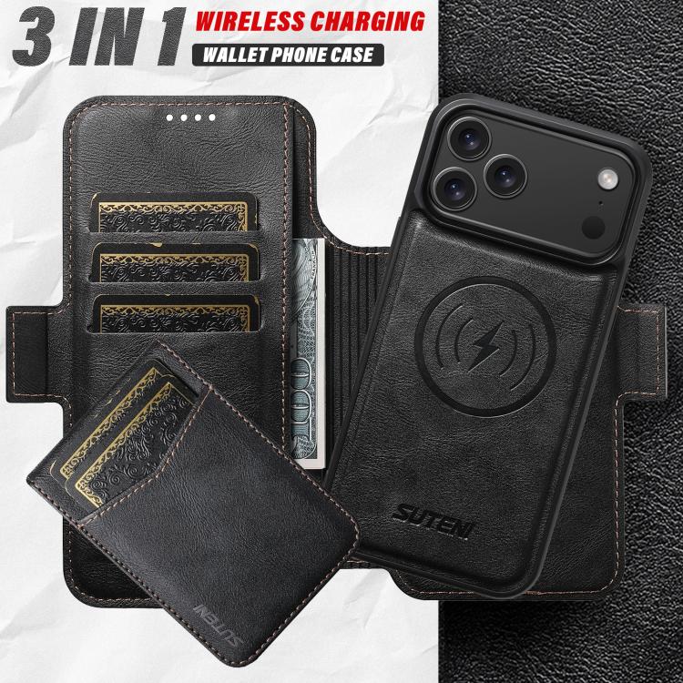 For iPhone 15 Pro Suteni Q06S5 3-in-1 Detachable Bottle Opener Card Bag Magnetic Top-Bottom Spliced Vegan Leather Phone Case