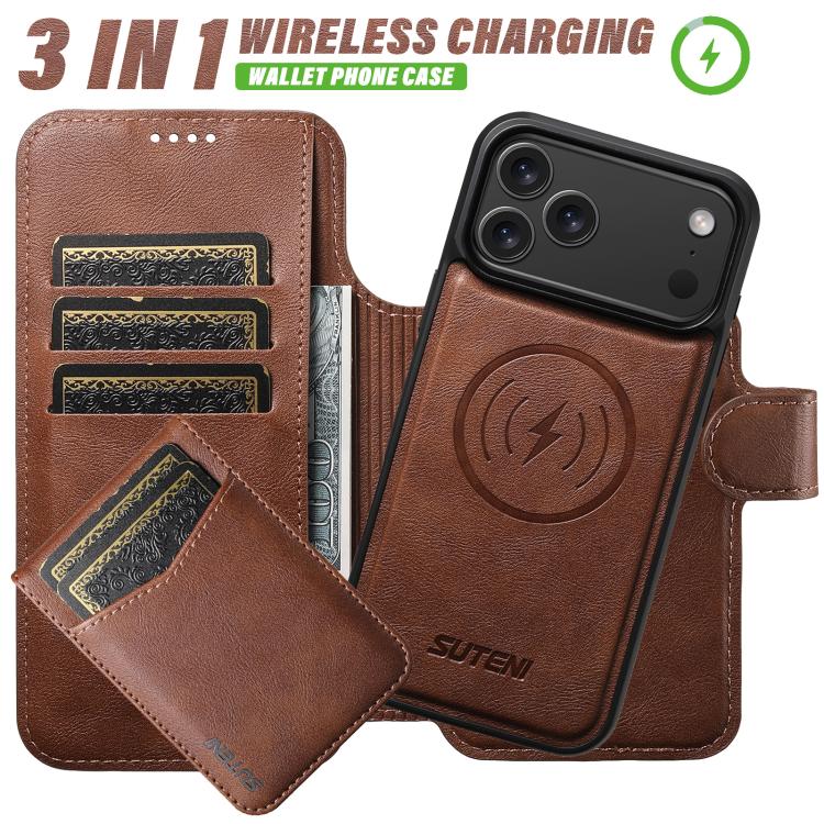 For iPhone 13 Pro Max Suteni Q05S5 3-in-1 Detachable Bottle Opener Card Bag Magnetic Cowhide Vegan Leather Phone Case