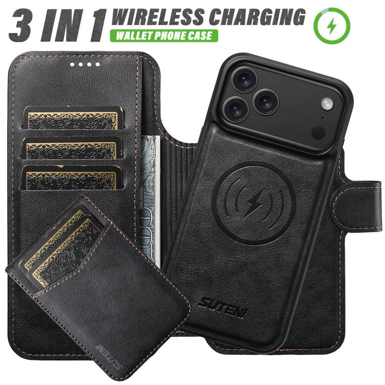 For iPhone 13 Pro Suteni Q05S5 3-in-1 Detachable Bottle Opener Card Bag Magnetic Cowhide Vegan Leather Phone Case