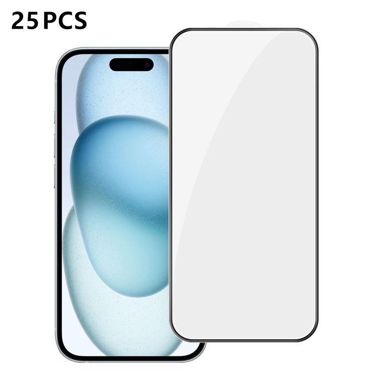 For iPhone 15 Plus 25pcs High-Aluminum Full-Coverage Anti-Fingerprint Screen-Printed HD Tempered Glass Film