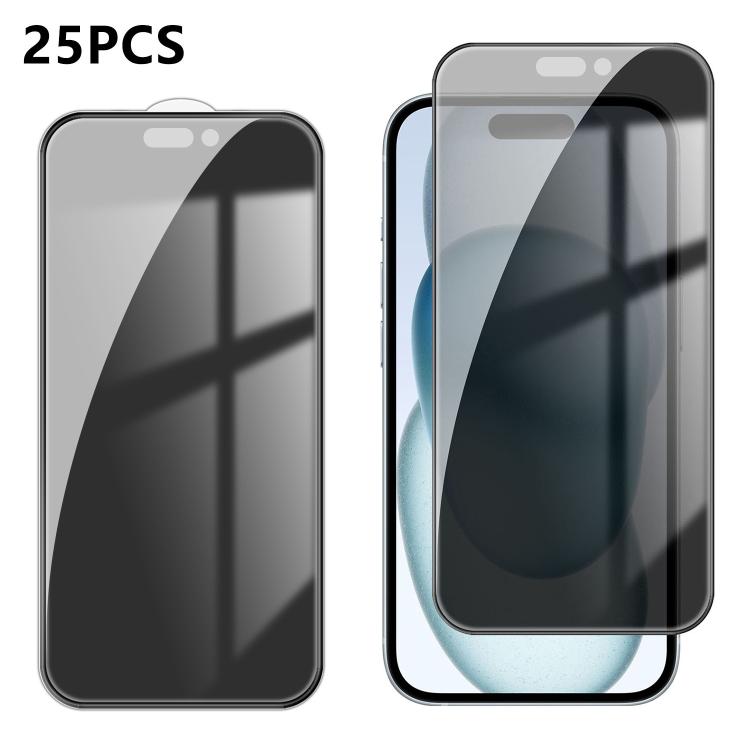 For iPhone 15 Plus 25pcs High-Aluminum Full-Coverage Anti-Fingerprint Screen-Printed Privacy Tempered Glass Film