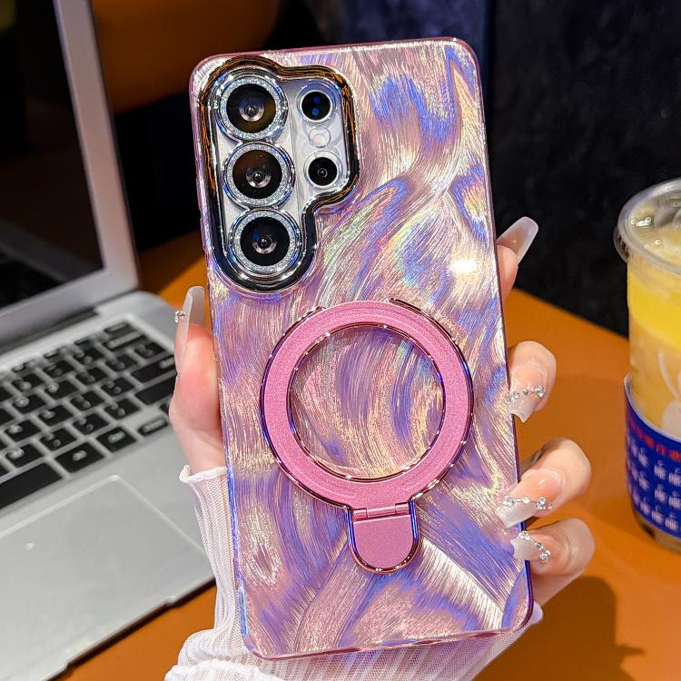 For Samsung Galaxy S26 Ultra 5G Electroplated Glitter Lens Film Texture Magnetic Metal Pivot Holder Shockproof Phone Case