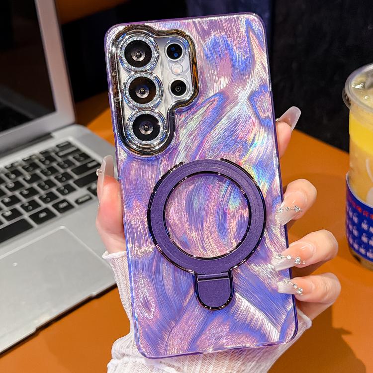 For Samsung Galaxy S26 Ultra 5G Electroplated Glitter Lens Film Texture Magnetic Metal Pivot Holder Shockproof Phone Case
