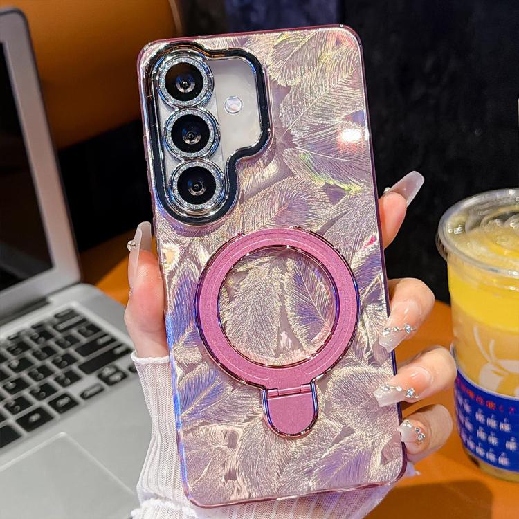 For Samsung Galaxy A37 5G Electroplated Glitter Lens Film Texture Magnetic Metal Pivot Holder Shockproof Phone Case