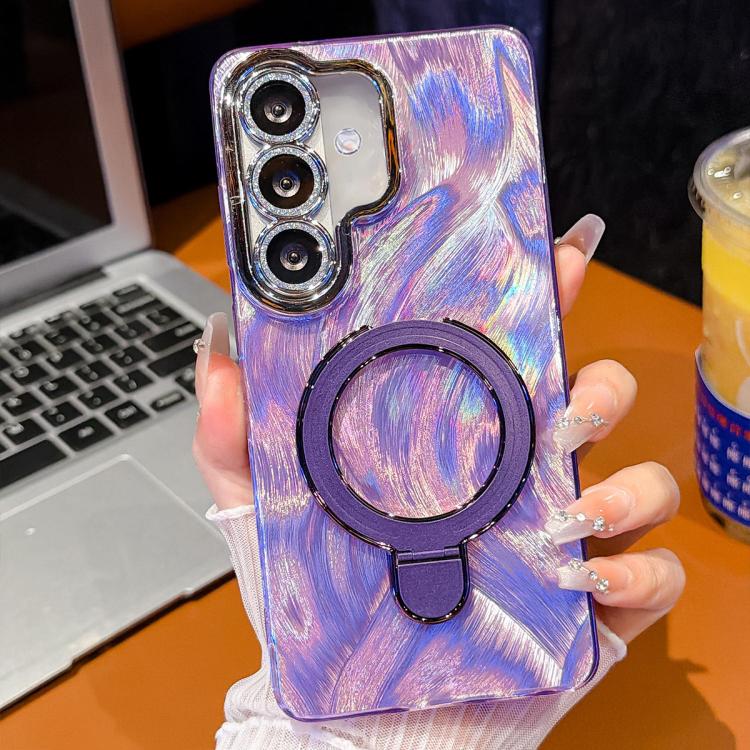 For Samsung Galaxy A37 5G Electroplated Glitter Lens Film Texture Magnetic Metal Pivot Holder Shockproof Phone Case
