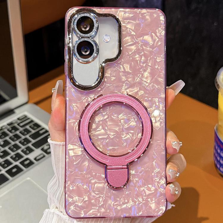 For Samsung Galaxy A07 5G Electroplated Glitter Lens Film Texture Magnetic Metal Pivot Holder Shockproof Phone Case