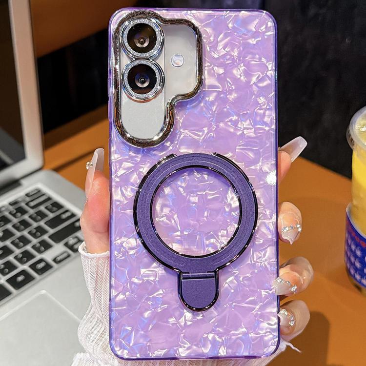 For Samsung Galaxy A07 5G Electroplated Glitter Lens Film Texture Magnetic Metal Pivot Holder Shockproof Phone Case