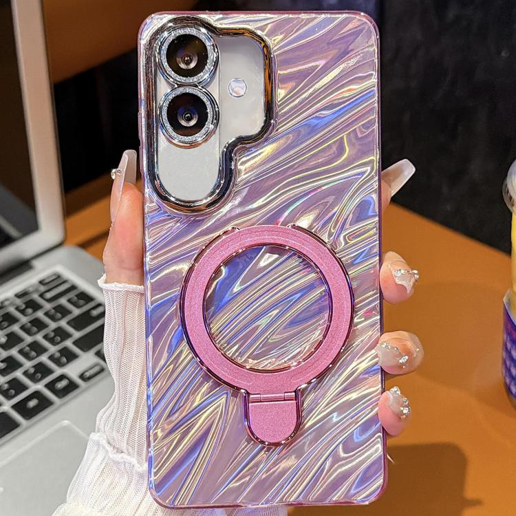 For Samsung Galaxy A07 5G Electroplated Glitter Lens Film Texture Magnetic Metal Pivot Holder Shockproof Phone Case