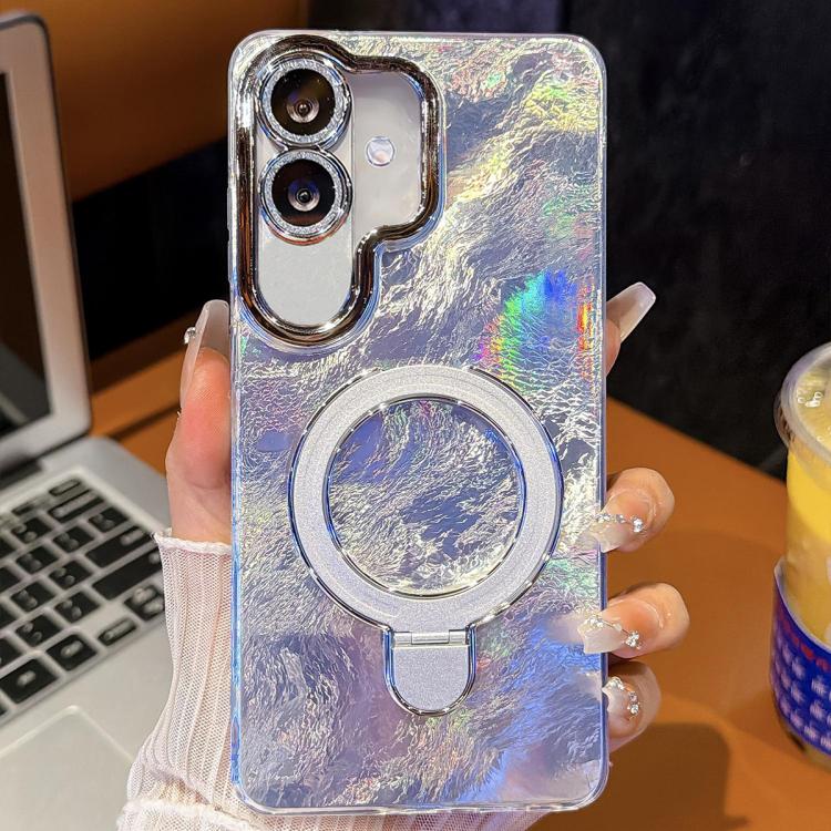 For Samsung Galaxy A07 5G Electroplated Glitter Lens Film Texture Magnetic Metal Pivot Holder Shockproof Phone Case