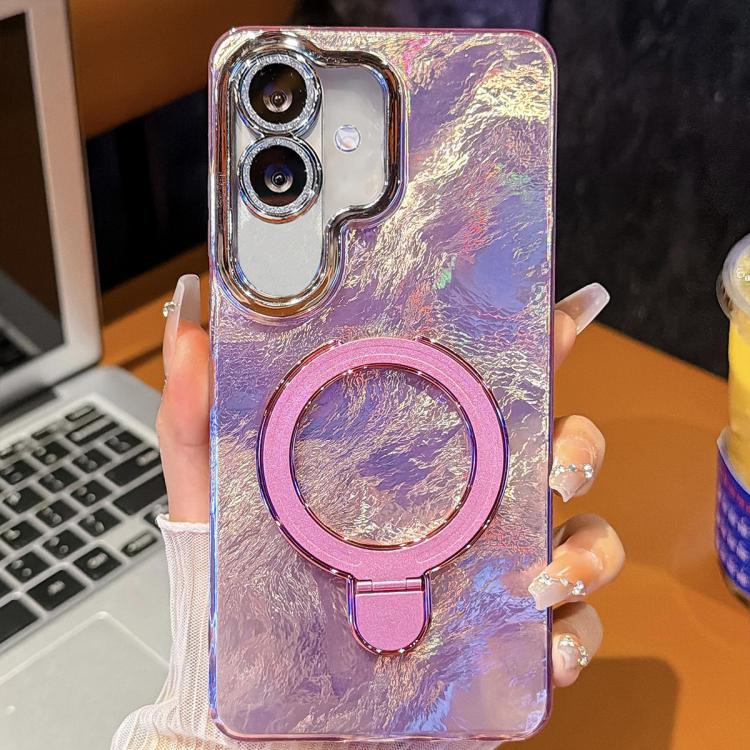 For Samsung Galaxy A07 5G Electroplated Glitter Lens Film Texture Magnetic Metal Pivot Holder Shockproof Phone Case