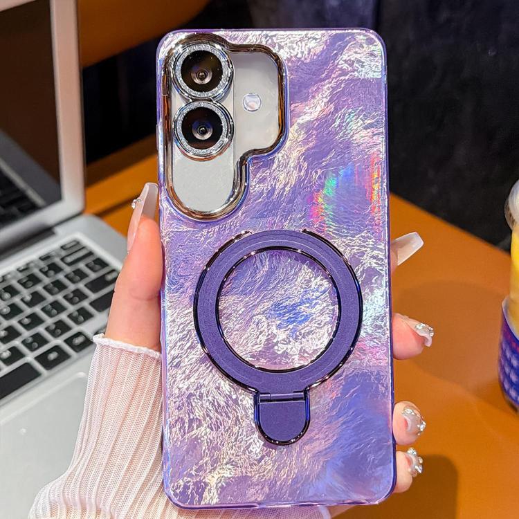 For Samsung Galaxy A07 5G Electroplated Glitter Lens Film Texture Magnetic Metal Pivot Holder Shockproof Phone Case