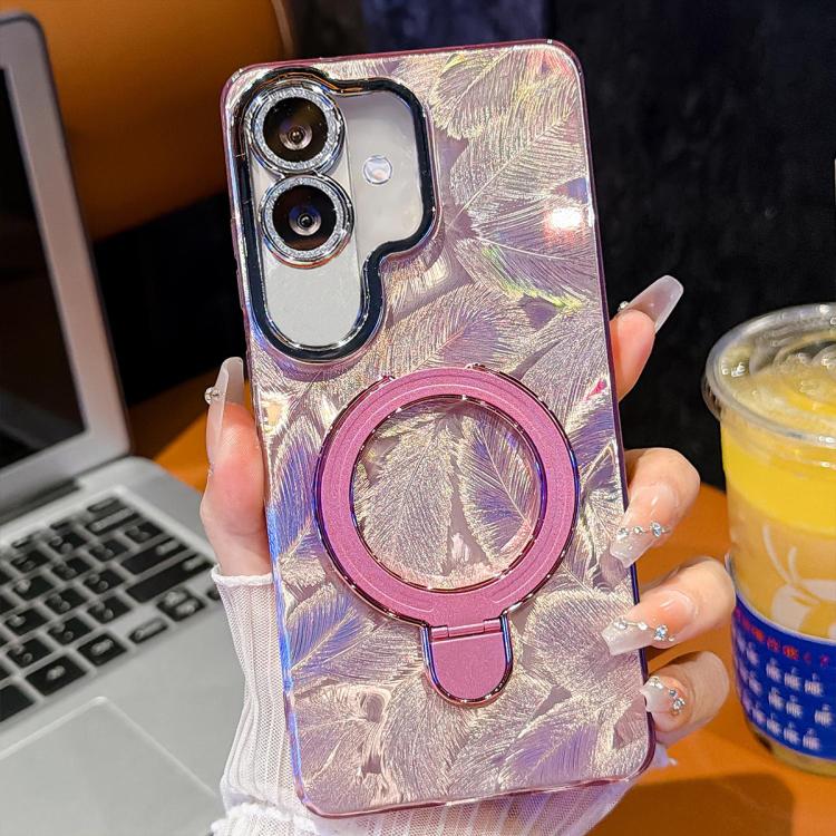 For Samsung Galaxy A07 5G Electroplated Glitter Lens Film Texture Magnetic Metal Pivot Holder Shockproof Phone Case