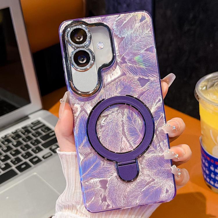 For Samsung Galaxy A07 5G Electroplated Glitter Lens Film Texture Magnetic Metal Pivot Holder Shockproof Phone Case