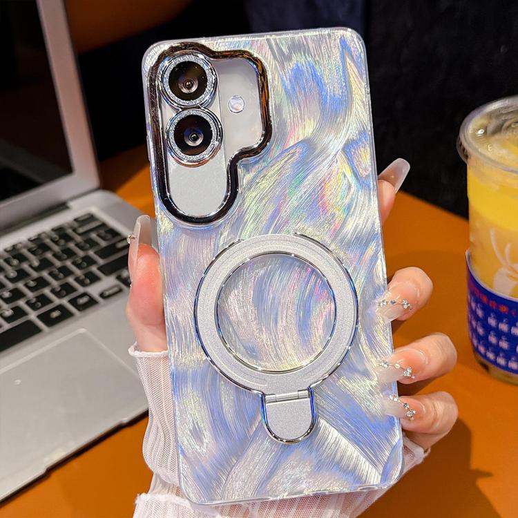 For Samsung Galaxy A07 5G Electroplated Glitter Lens Film Texture Magnetic Metal Pivot Holder Shockproof Phone Case