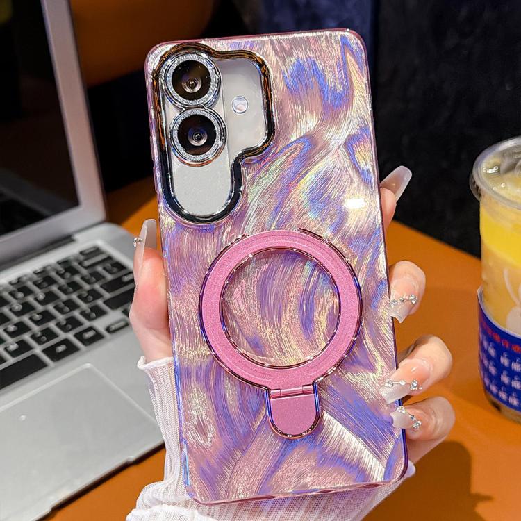 For Samsung Galaxy A07 5G Electroplated Glitter Lens Film Texture Magnetic Metal Pivot Holder Shockproof Phone Case