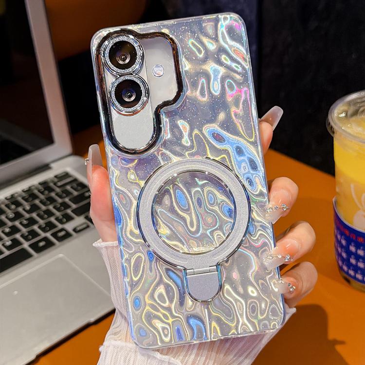 For Samsung Galaxy A07 5G Electroplated Glitter Lens Film Texture Magnetic Metal Pivot Holder Shockproof Phone Case