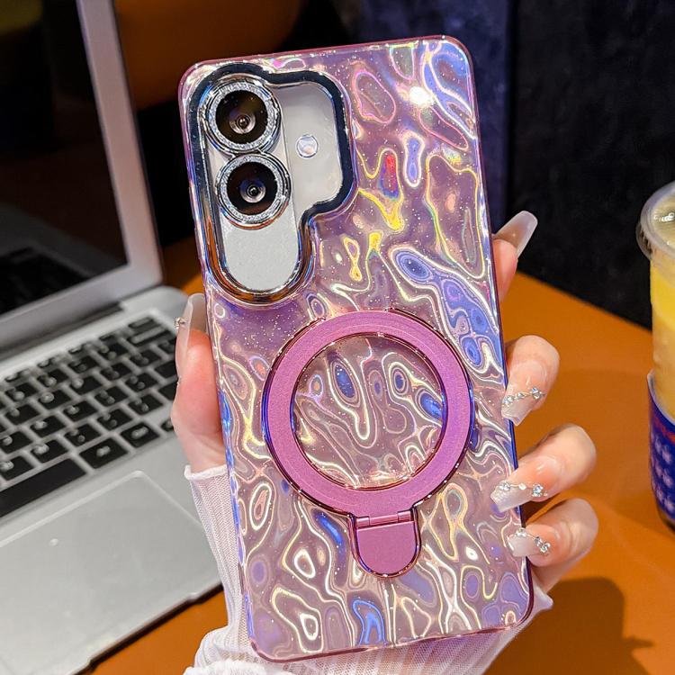 For Samsung Galaxy A07 5G Electroplated Glitter Lens Film Texture Magnetic Metal Pivot Holder Shockproof Phone Case