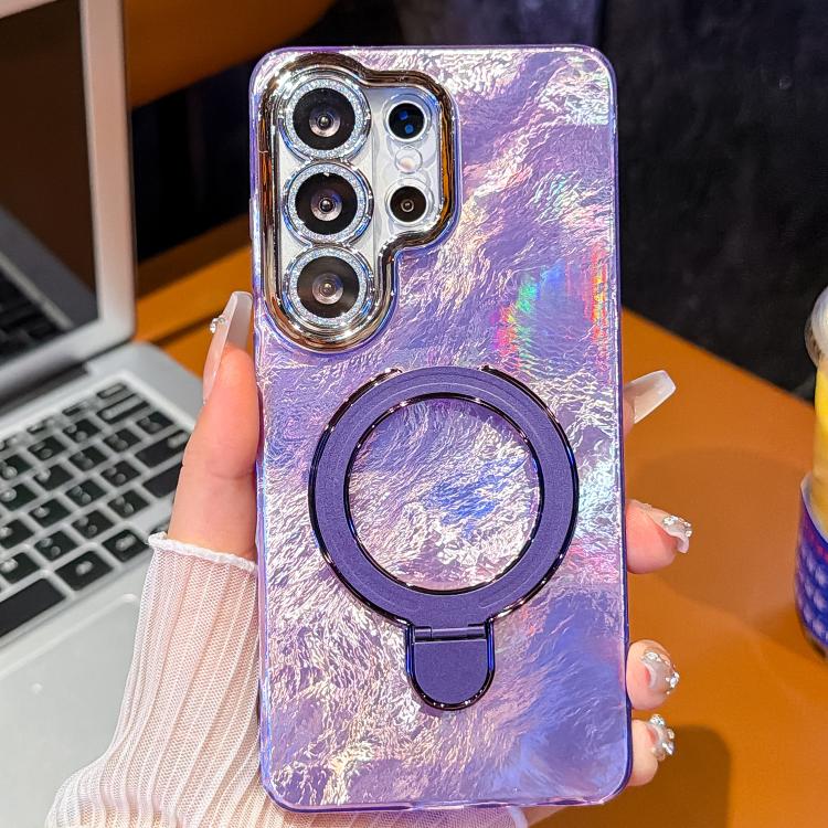 For Samsung Galaxy S25 Ultra 5G Electroplated Glitter Lens Film Texture Magnetic Metal Pivot Holder Shockproof Phone Case