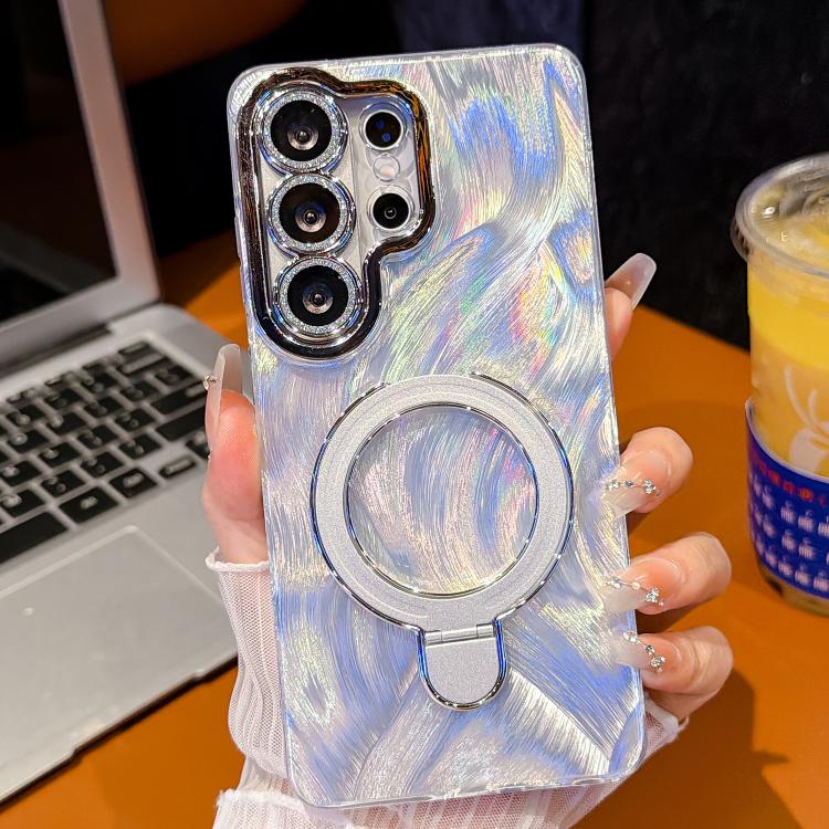 For Samsung Galaxy S25 Ultra 5G Electroplated Glitter Lens Film Texture Magnetic Metal Pivot Holder Shockproof Phone Case