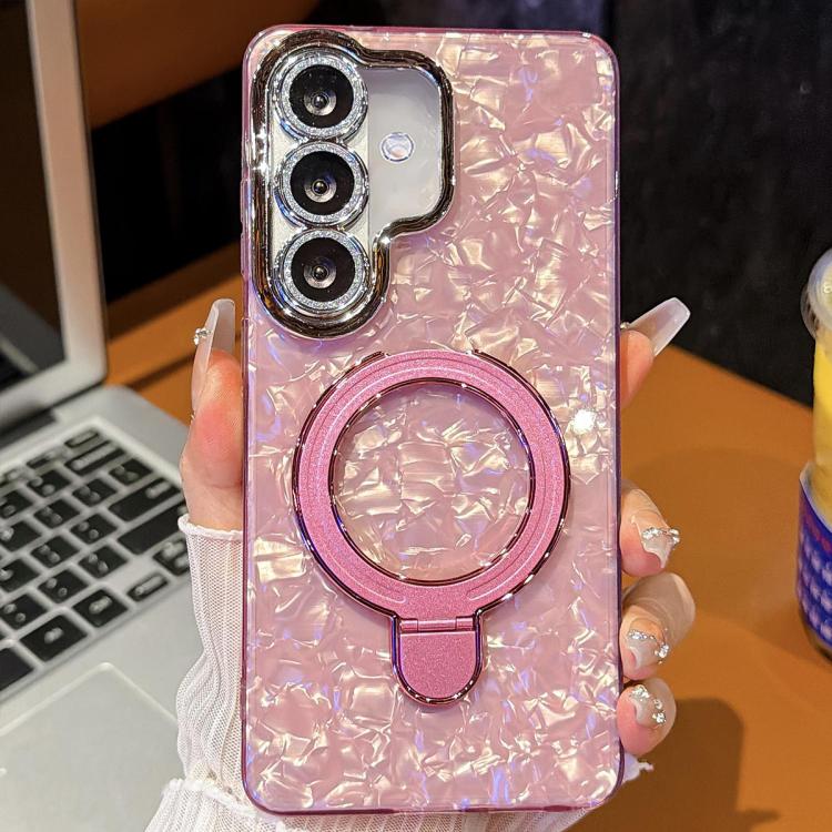 For Samsung Galaxy A16 5G Electroplated Glitter Lens Film Texture Magnetic Metal Pivot Holder Shockproof Phone Case