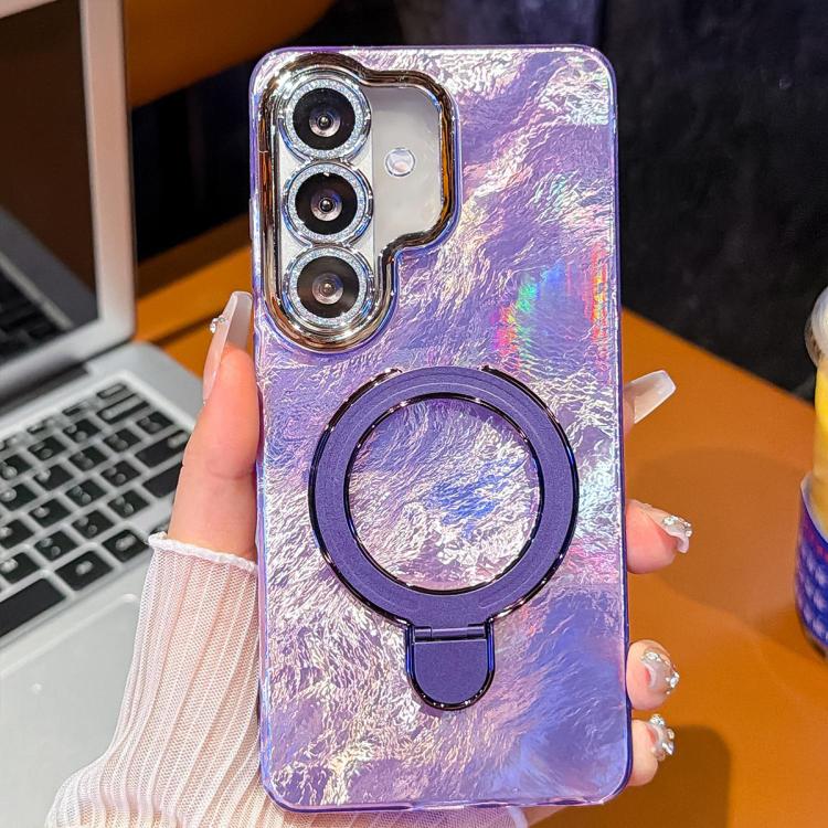 For Samsung Galaxy A15 5G Electroplated Glitter Lens Film Texture Magnetic Metal Pivot Holder Shockproof Phone Case