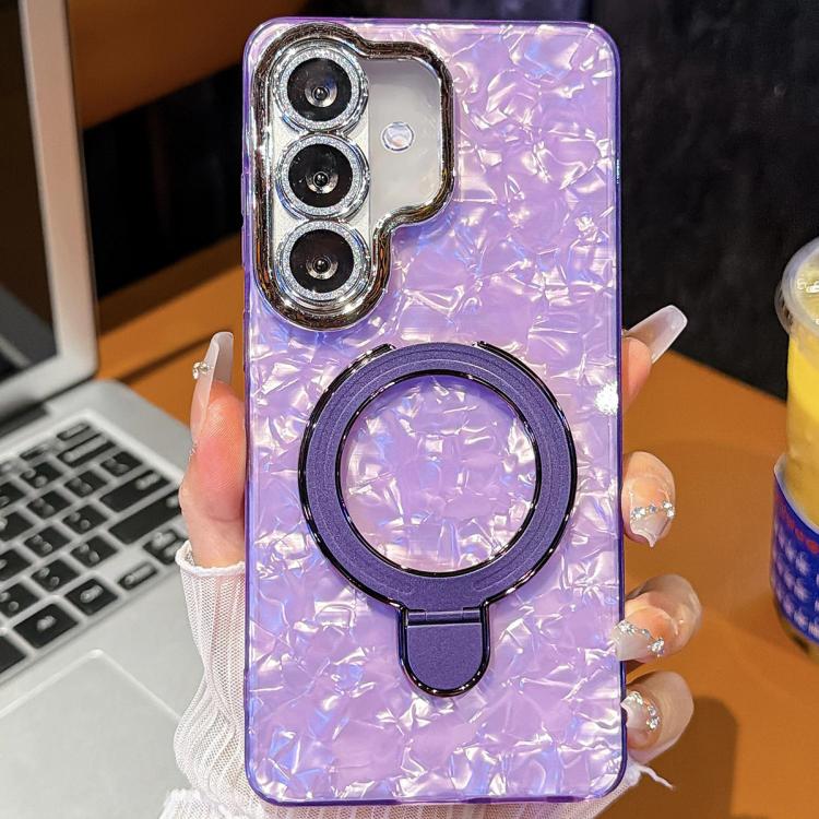 For Samsung Galaxy A35 5G Electroplated Glitter Lens Film Texture Magnetic Metal Pivot Holder Shockproof Phone Case