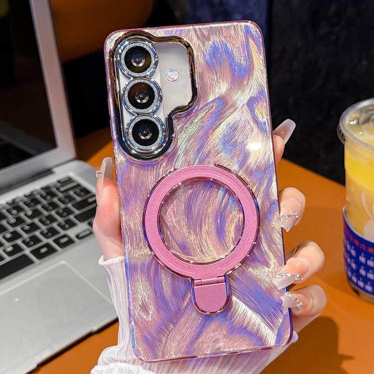 For Samsung Galaxy A35 5G Electroplated Glitter Lens Film Texture Magnetic Metal Pivot Holder Shockproof Phone Case