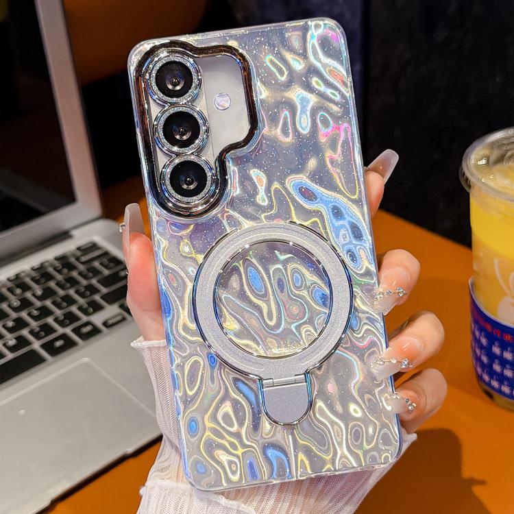For Samsung Galaxy A35 5G Electroplated Glitter Lens Film Texture Magnetic Metal Pivot Holder Shockproof Phone Case