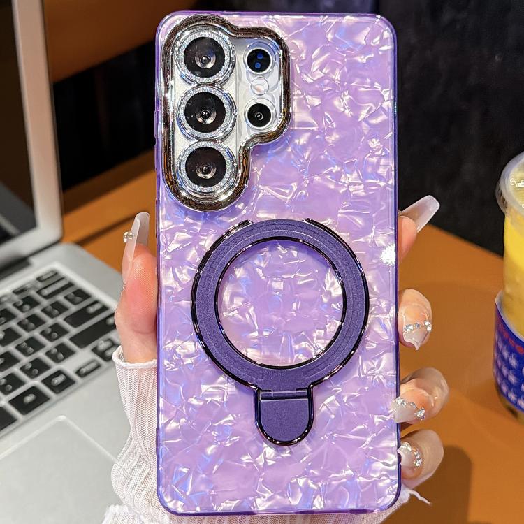 For Samsung Galaxy S24 Ultra 5G Electroplated Glitter Lens Film Texture Magnetic Metal Pivot Holder Shockproof Phone Case