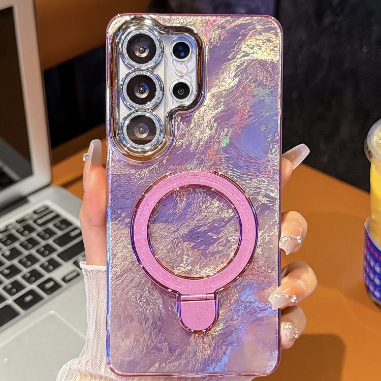 For Samsung Galaxy S24 Ultra 5G Electroplated Glitter Lens Film Texture Magnetic Metal Pivot Holder Shockproof Phone Case