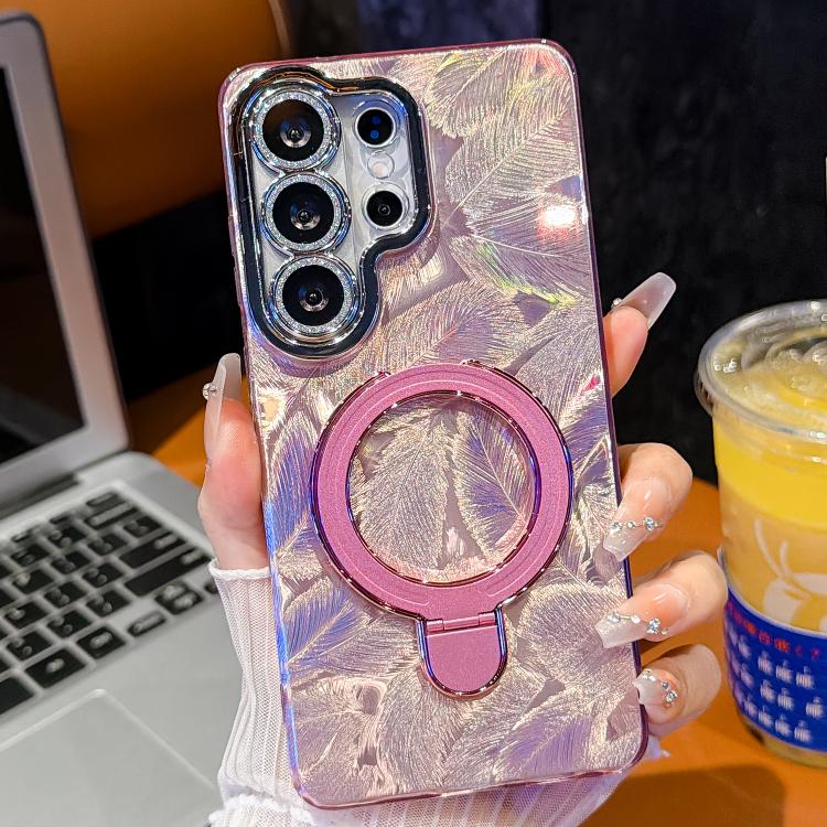 For Samsung Galaxy S24 Ultra 5G Electroplated Glitter Lens Film Texture Magnetic Metal Pivot Holder Shockproof Phone Case