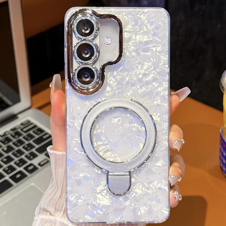 For Samsung Galaxy S24+ 5G Electroplated Glitter Lens Film Texture Magnetic Metal Pivot Holder Shockproof Phone Case
