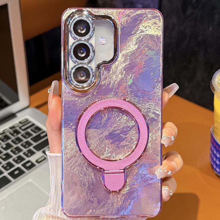 For Samsung Galaxy S24+ 5G Electroplated Glitter Lens Film Texture Magnetic Metal Pivot Holder Shockproof Phone Case
