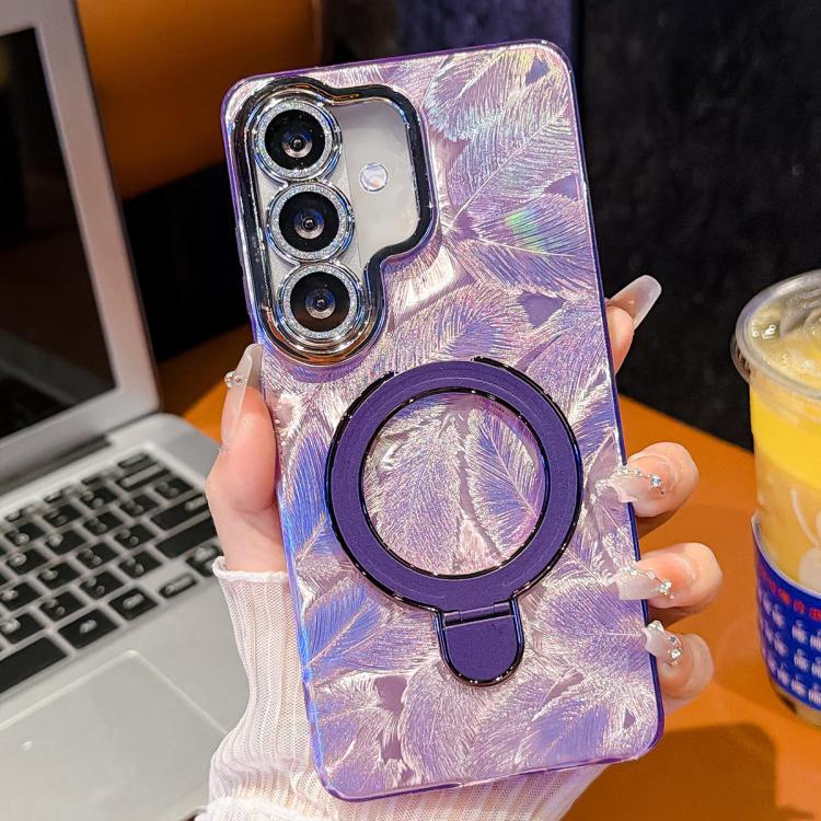 For Samsung Galaxy S24+ 5G Electroplated Glitter Lens Film Texture Magnetic Metal Pivot Holder Shockproof Phone Case